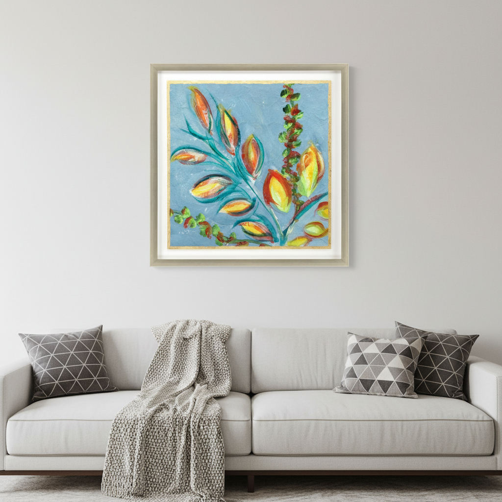 649180 Vibrant Blue & Yellow Modern Floral Giclee Silver Framed Wall Art