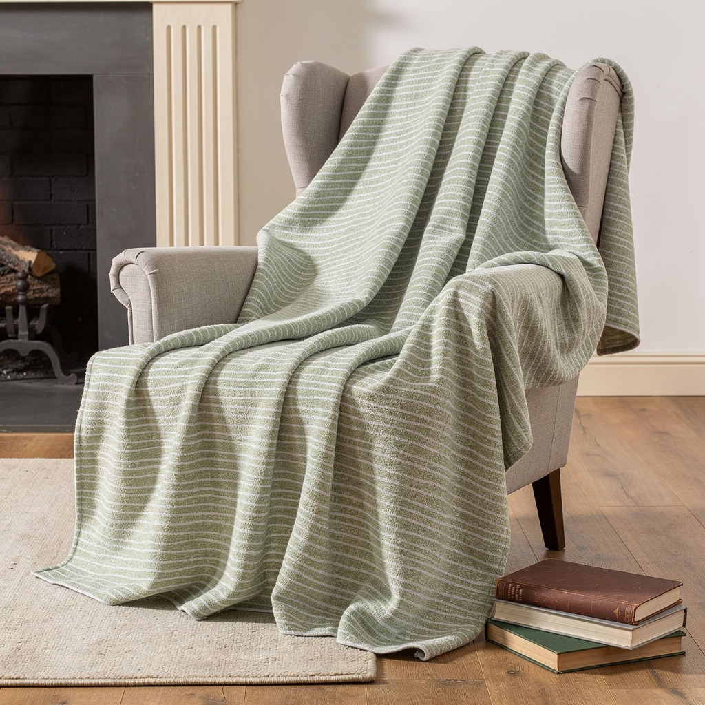 712503 50 x 70 in. Mint Green & Ivory Striped Microfiber Plush Throw Blanket