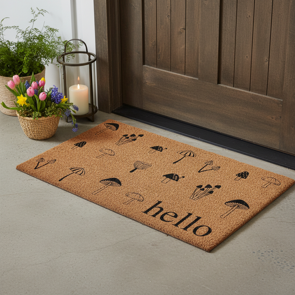 721284 24 x 36 in. Brown & Black Mushrooms Hello Outdoor Coir Rectangle Door Mat