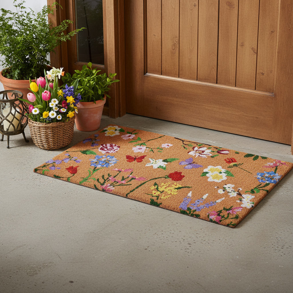 721298 24 x 36 in. Brown White & Green Floral Outdoor Coir Rectangle Door Mat