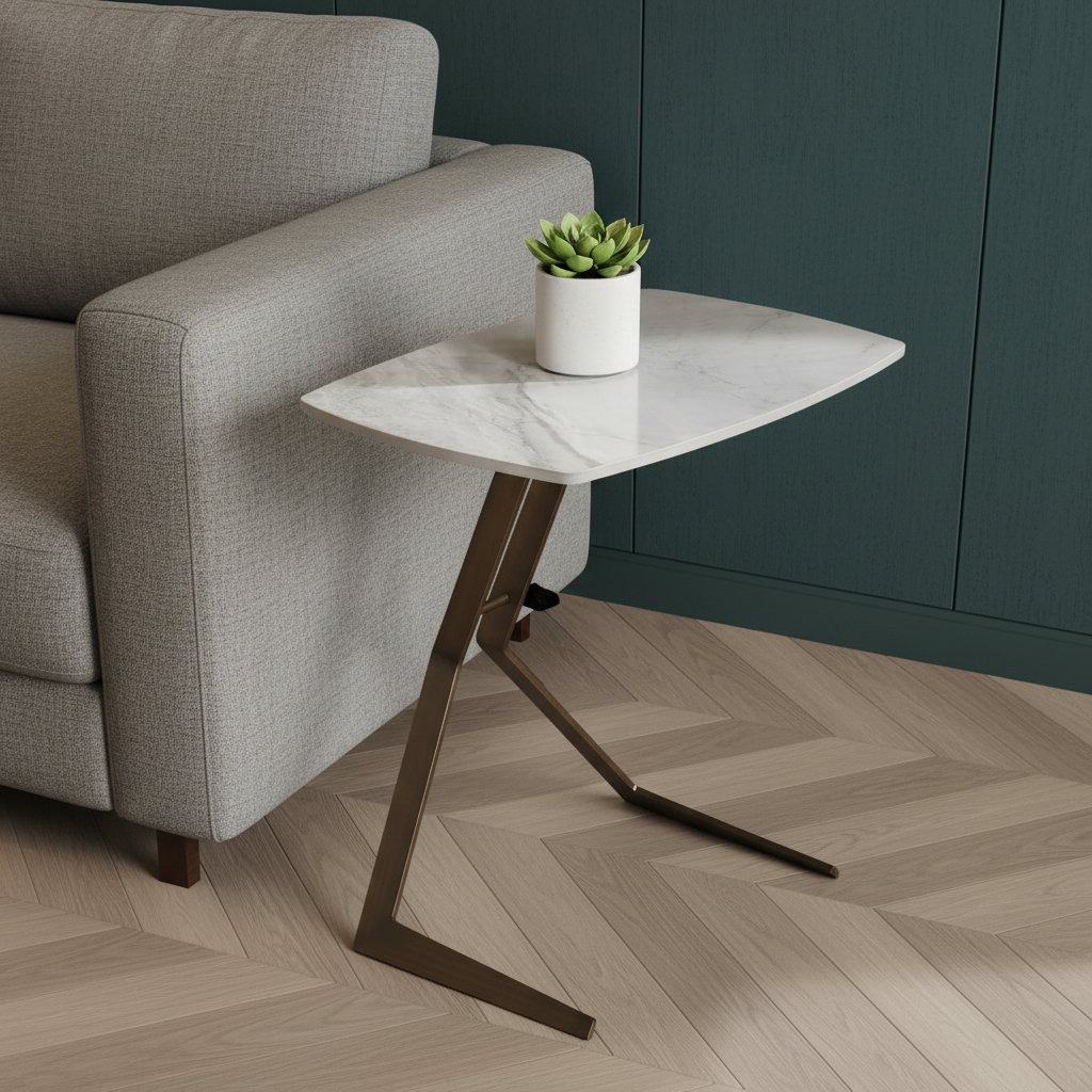719954 24 in. White & Bronze Ceramic Faux Marble & Steel End Table