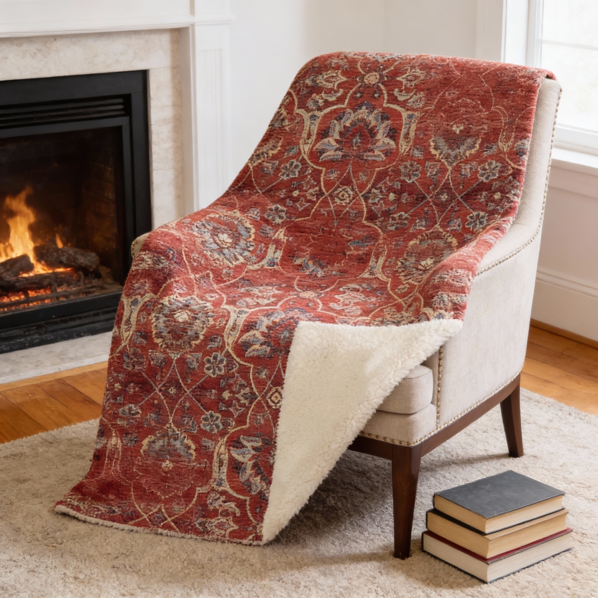 712400 50 x 70 in. Red Pewter & Beige Damask Microfiber Plush Throw Blanket