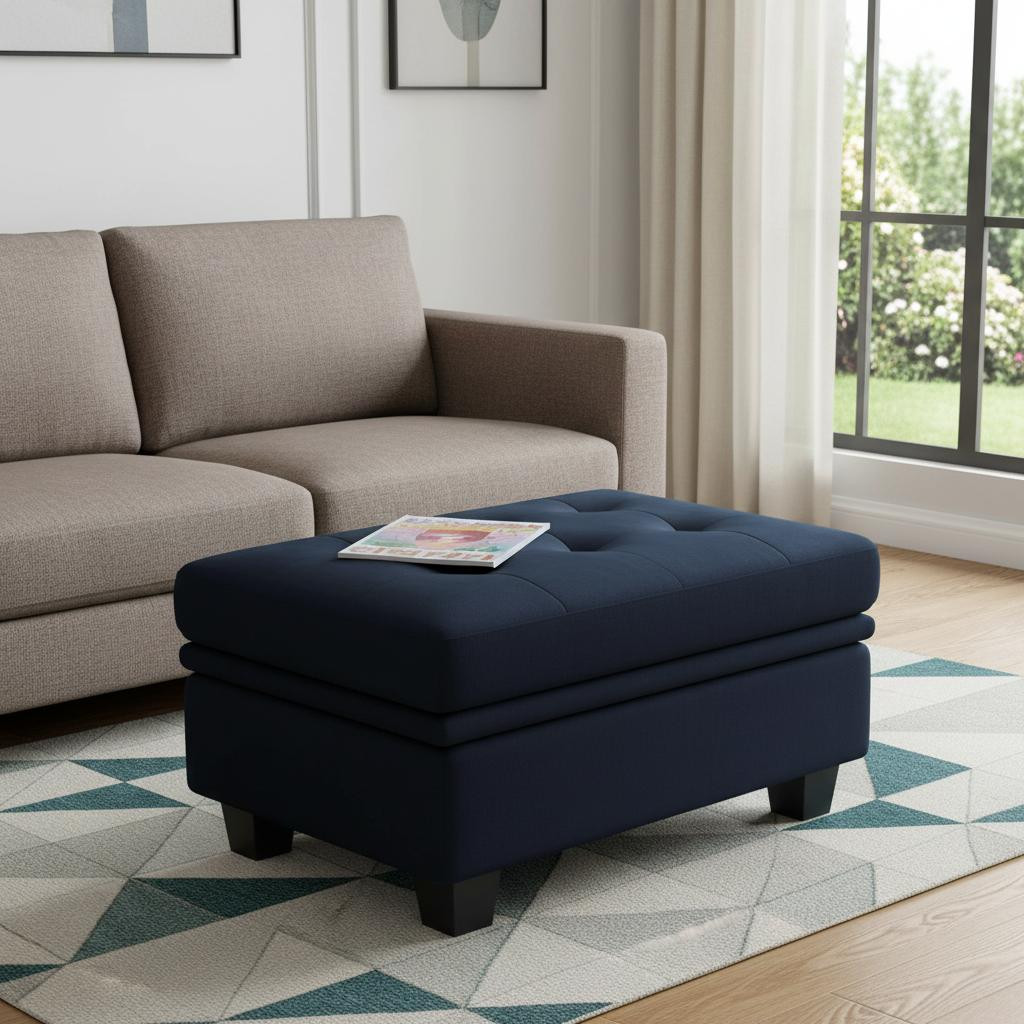 714387 32 in. Velvet Tufted Storage Ottoman, Blue & Black