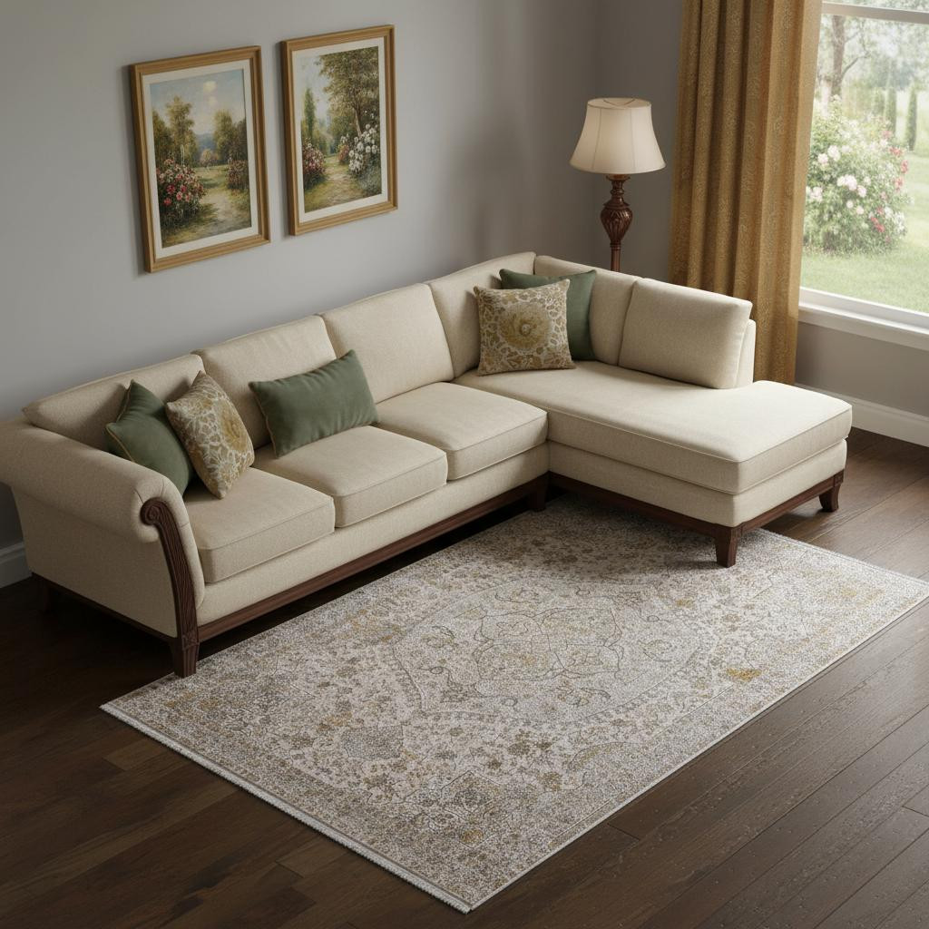 722072 13 x 20 ft. Ivory Gray & Gold Oriental Rectangle Area Rug with Fringe