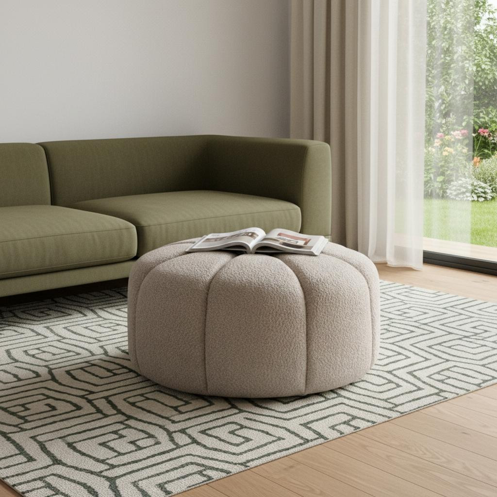 722461 32 in. Taupe Tufted Boucle Round Ottoman
