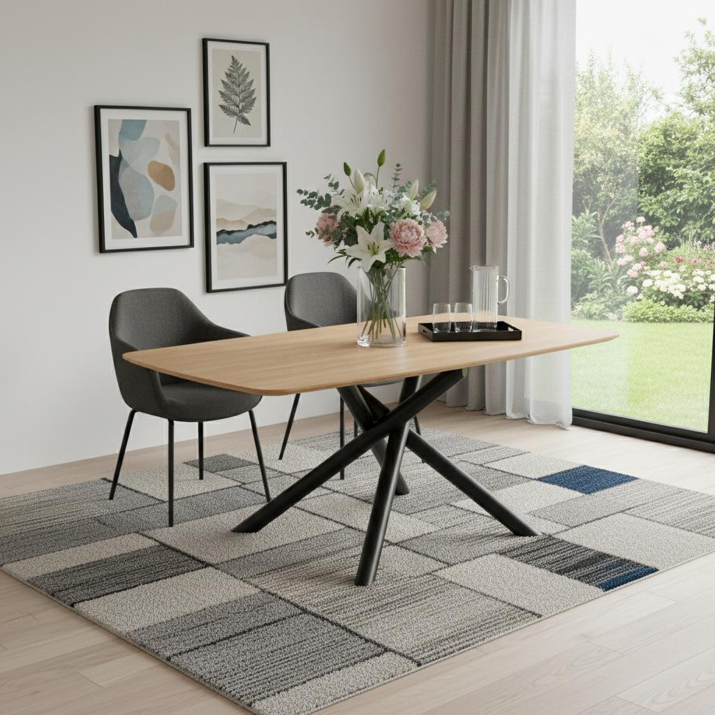 631299 79 in. Natural & Black Wood & Iron Cross Leg Base Dining Table