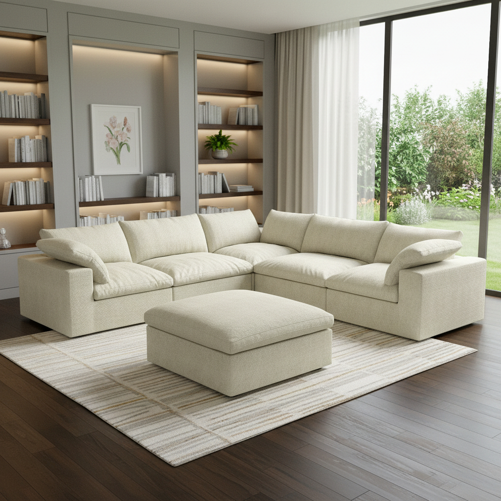716926 Khaki Linen Blend Modular L Shaped Sofa & Chaise Sectional, 6 Piece
