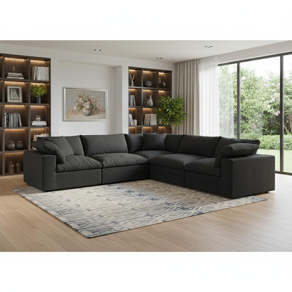 716929 Black Linen Blend Modular L Shaped Corner Sectional, 5 Piece