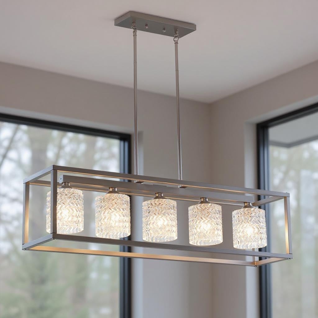 482847 Clear Kitchen Island Five Light Metal Dimmable Chandelier with Clear Shades