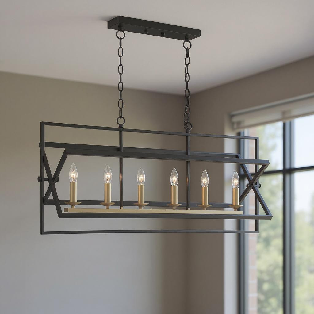 483949 Black & Gold Kitchen Island Six Light Metal Dimmable Chandelier