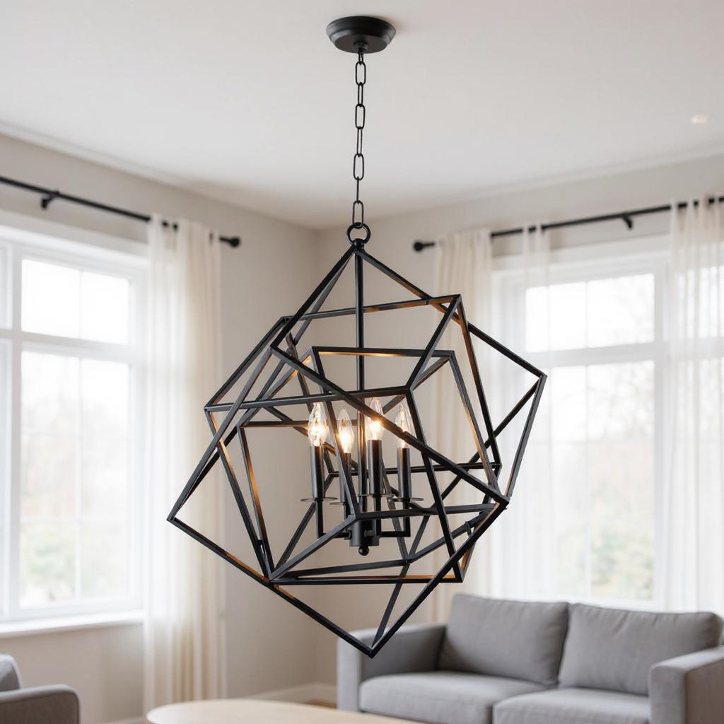 491094 Black Unique Statement Four Light Metal Chandelier with Shades