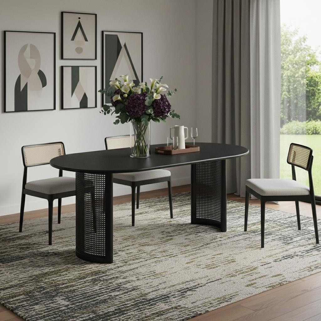 721107 79 in. Black Solid Wood Double Pedestal Base Oval Dining Table