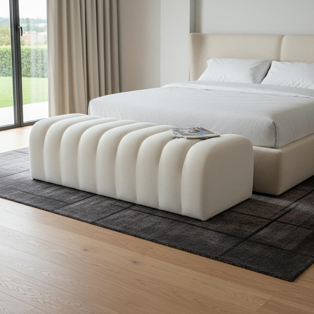 714186 59 in. Tufted Boucle Upholstered Bench, White
