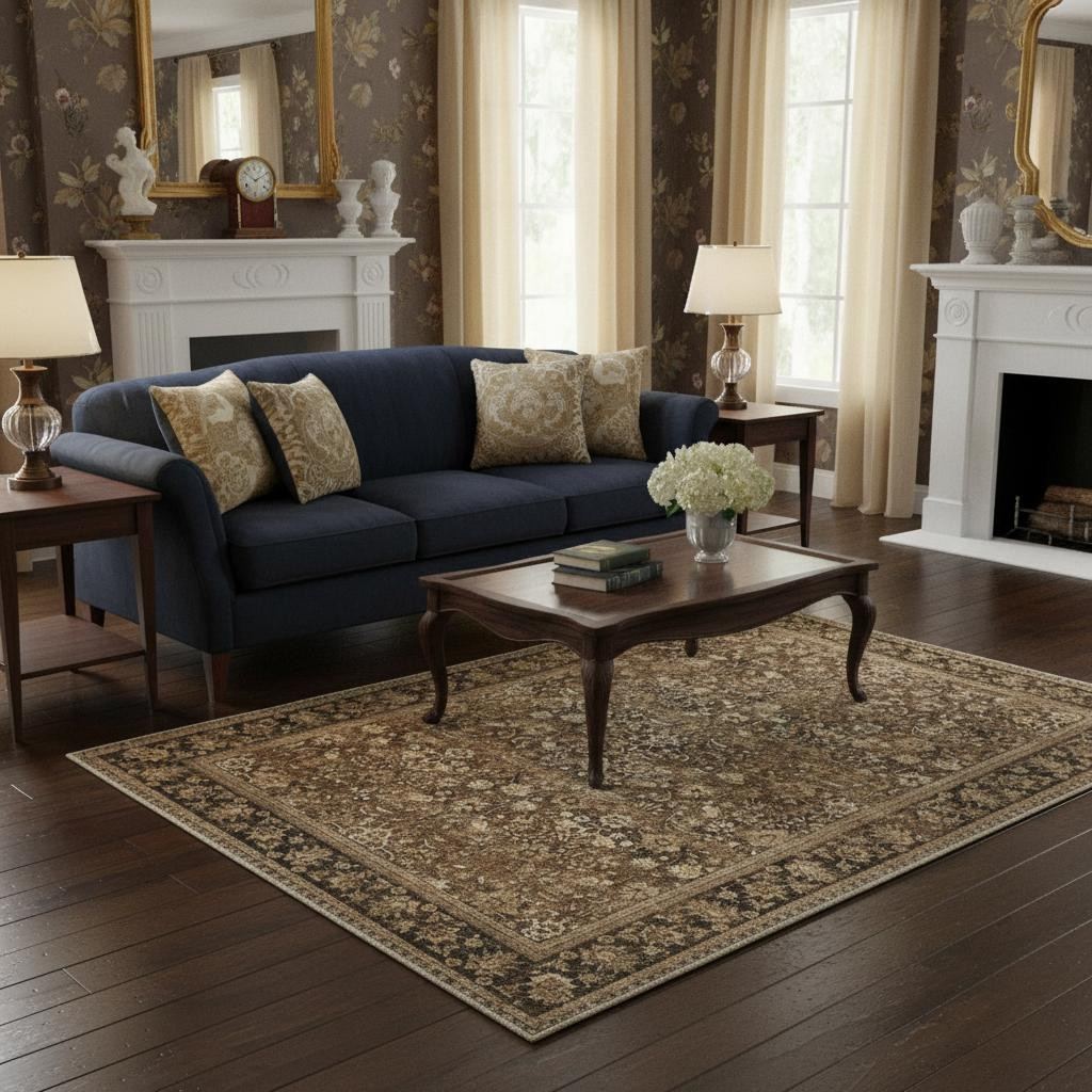 701236 5 x 7 ft. Brown Ivory & Tan Floral Medallion Washable Rectangle Area Rug