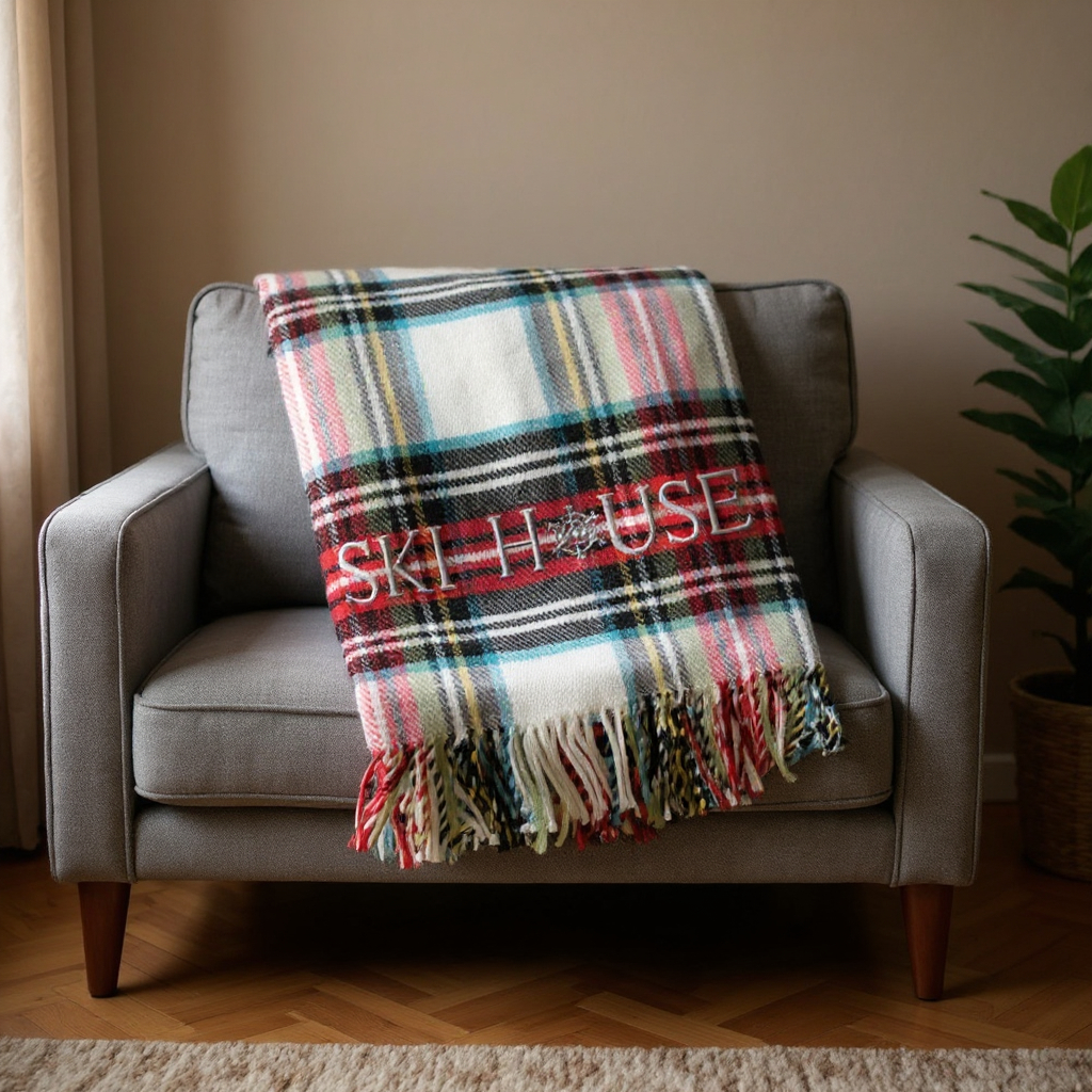 713571 55 x 70 in. Black Red & White Plaid Cotton Blend Ski House Embroidered Throw Blanket with Fringe