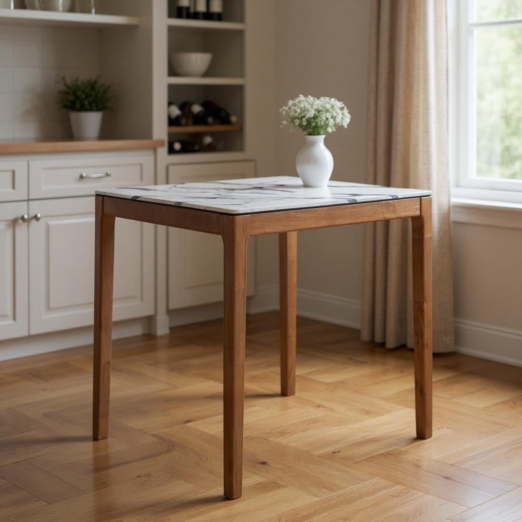 668834 32 in. White & Natural Faux Marble & Solid Wood Square Bar Table