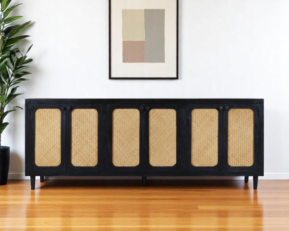 606295 94 in. Black Distressed Solid Wood Sideboard with Six Doors