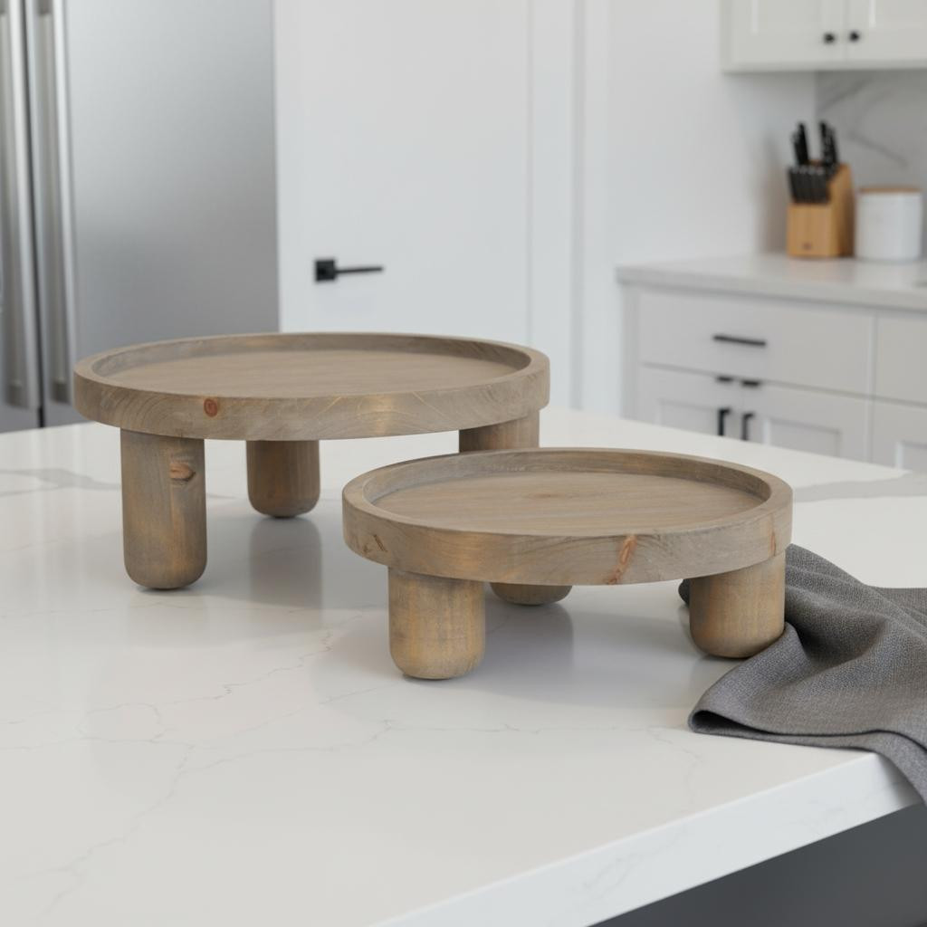 Picture of HomeRoots 609084 Gray & Natural Solid Wood Handmade Round Risers, Set of 2