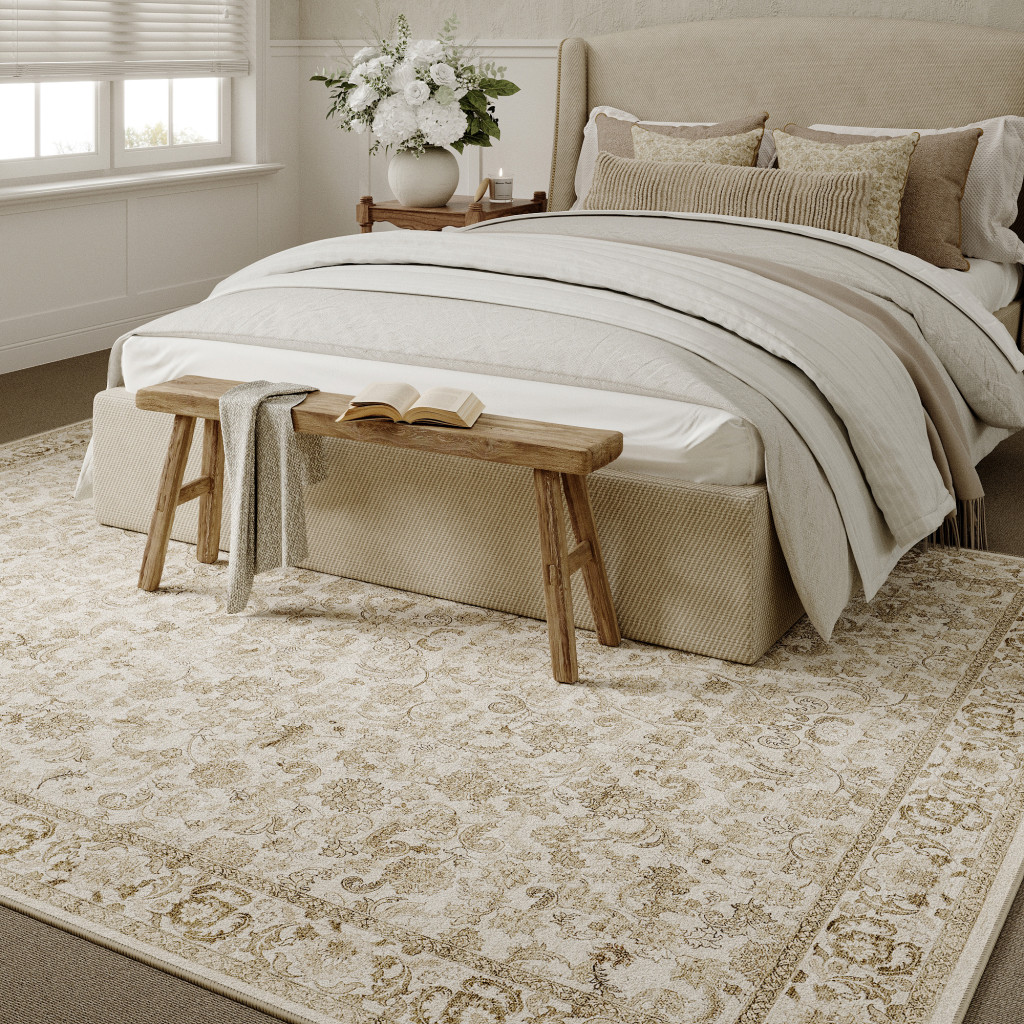 712936 5 x 7 ft. Brown & Ivory Floral Medallion Distressed Washable Rectangle Area Rug