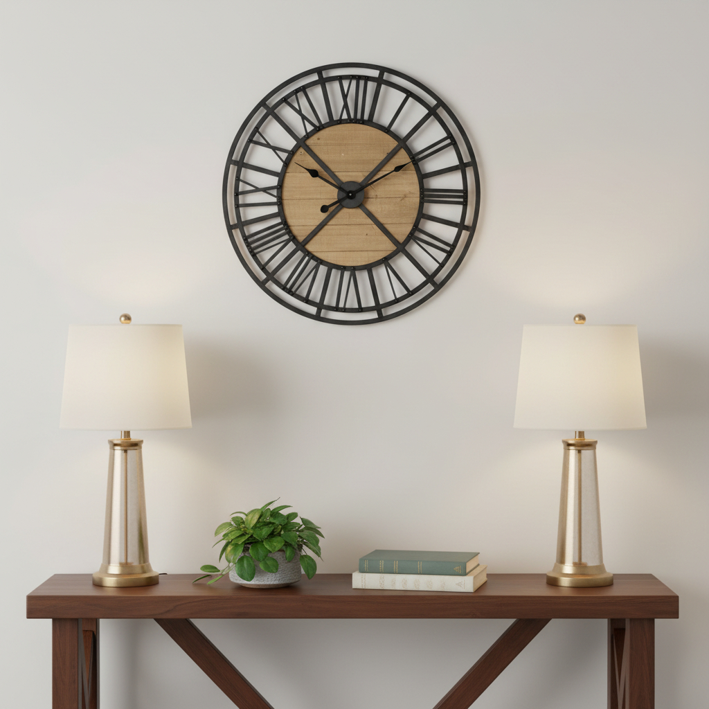 609404 30 in. Black & Natural Iron & Wood Analog Round Wall Clock