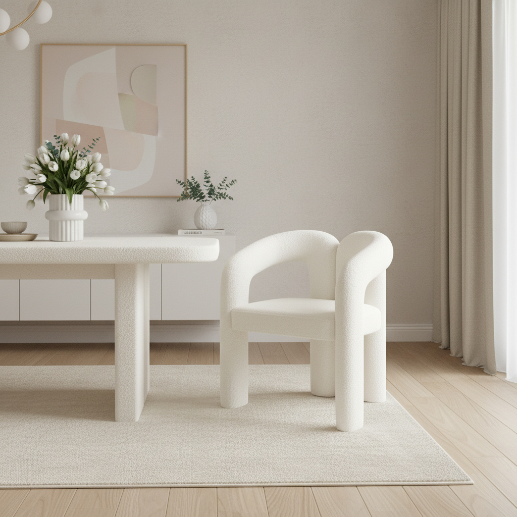 719098 White Boucle Partially Open Back Dining Arm Chair