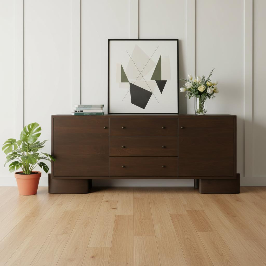 611029 76 in. Brown Solid Wood Three Drawer Sideboard Soft Close with Two Doors