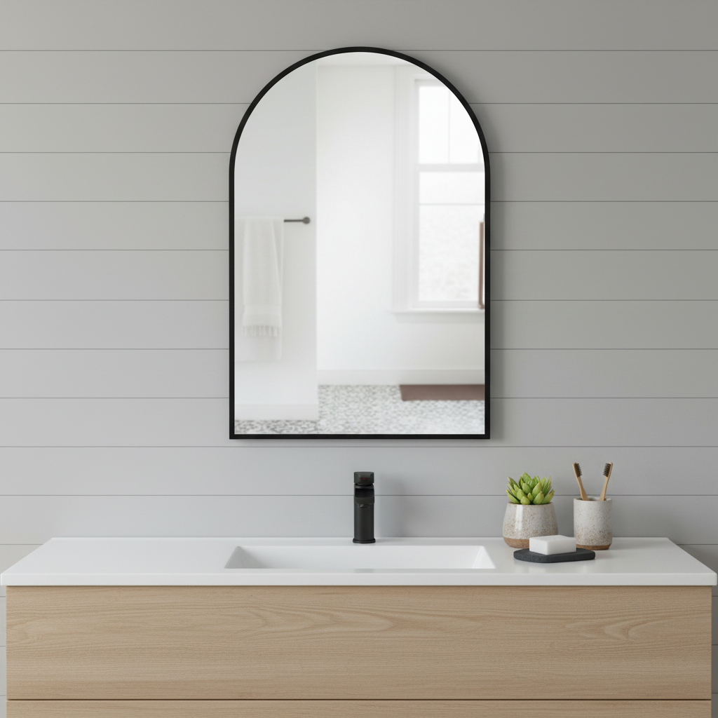 719127 38 in. Black Metal Arch Framed Accent Mirror