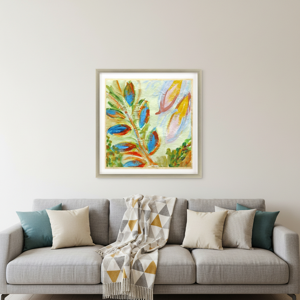 649181 Vibrant Green & Yellow Modern Floral Giclee Silver Framed Wall Art