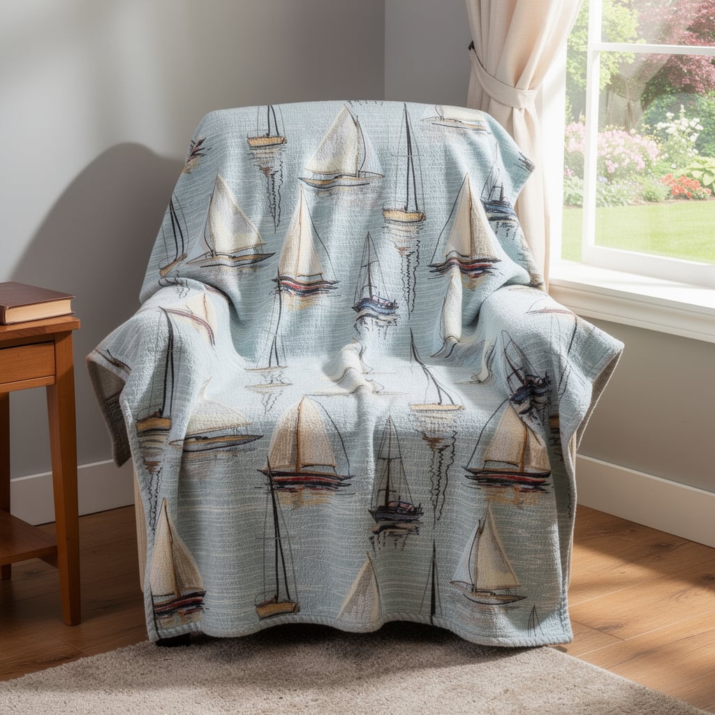 712539 50 x 70 in. Beige Ivory & Sky Blue Sailboat Microfiber Plush Throw Blanket
