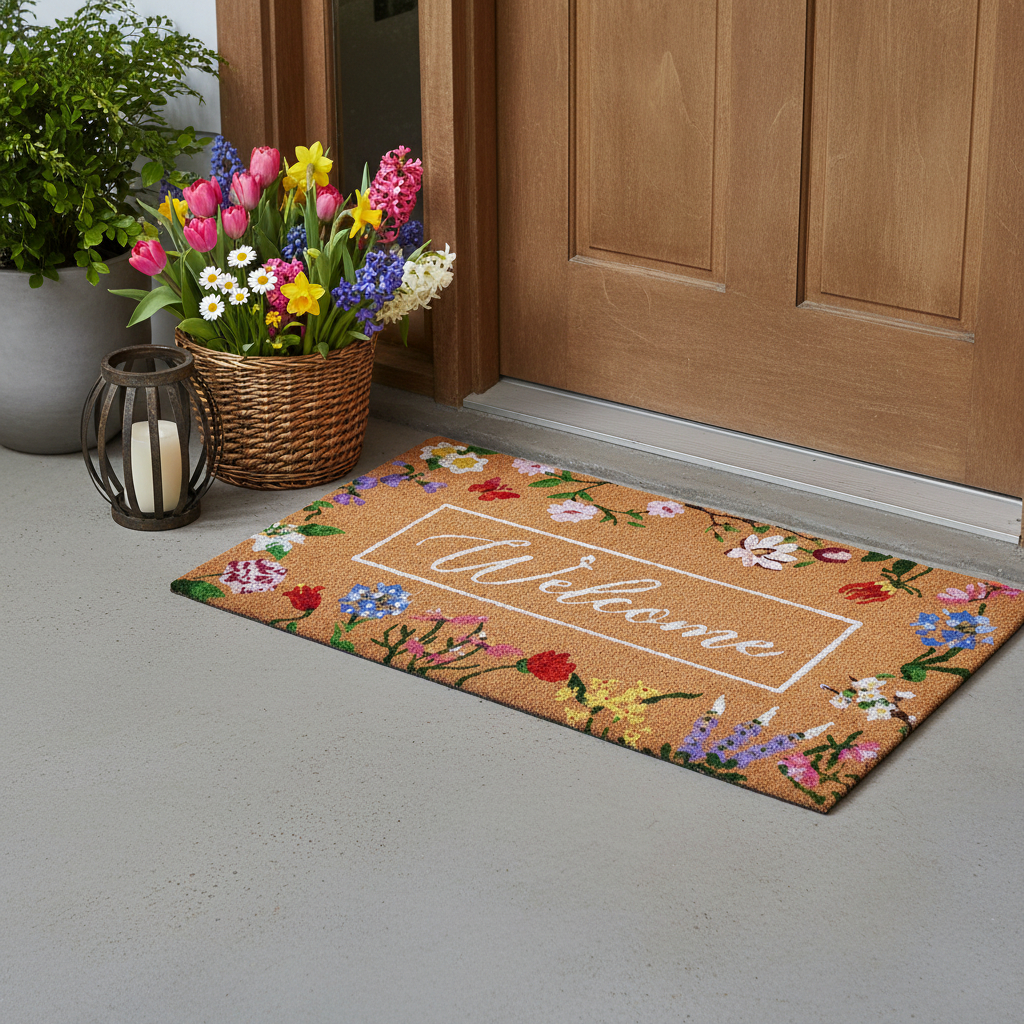721296 24 x 36 in. Brown White & Green Floral Welcome Outdoor Coir Rectangle Door Mat