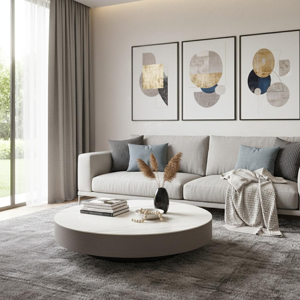 714509 41 in. White & Gray Ceramic Tile & Wood Round Pedestal Coffee Table