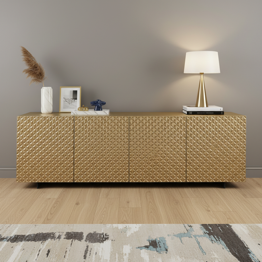 719399 94 in. Gold Wood Carved Geometric Sideboard with Four Doors