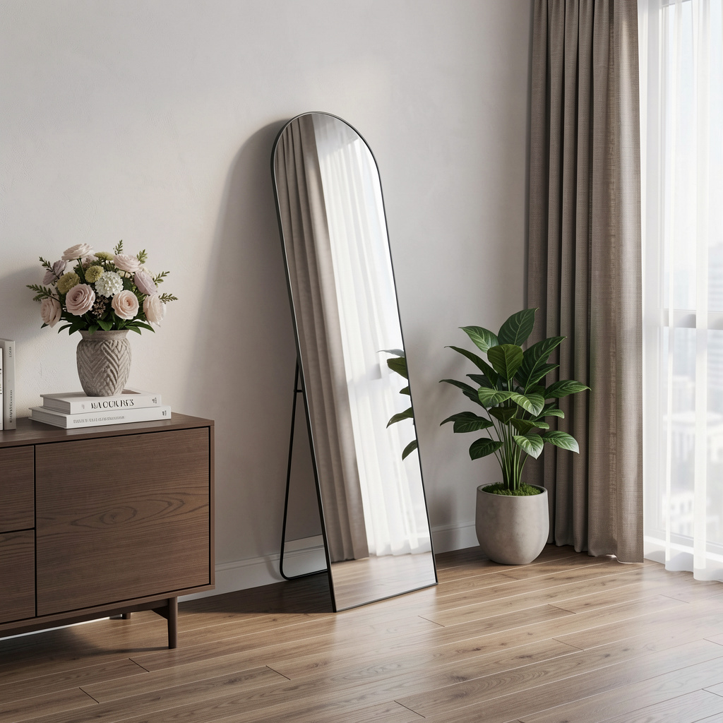 719129 59 in. Black Metal Arch Wall Mounted Leaning or Freestanding Framed Full Length Mirror