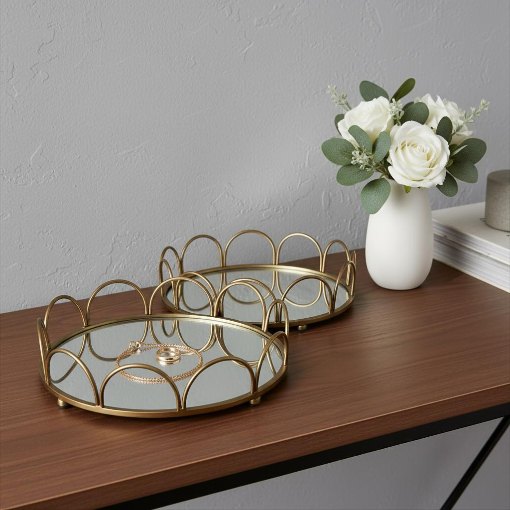 Picture of HomeRoots 608712 Antiqued Gold Metal & Mirrored Glass Round Vanity Trays, Set of 2