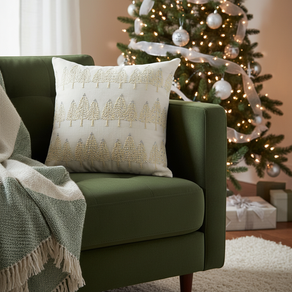 719253 18 in. Ivory & Silver Cotton Christmas Trees Throw Pillow with Embroidery