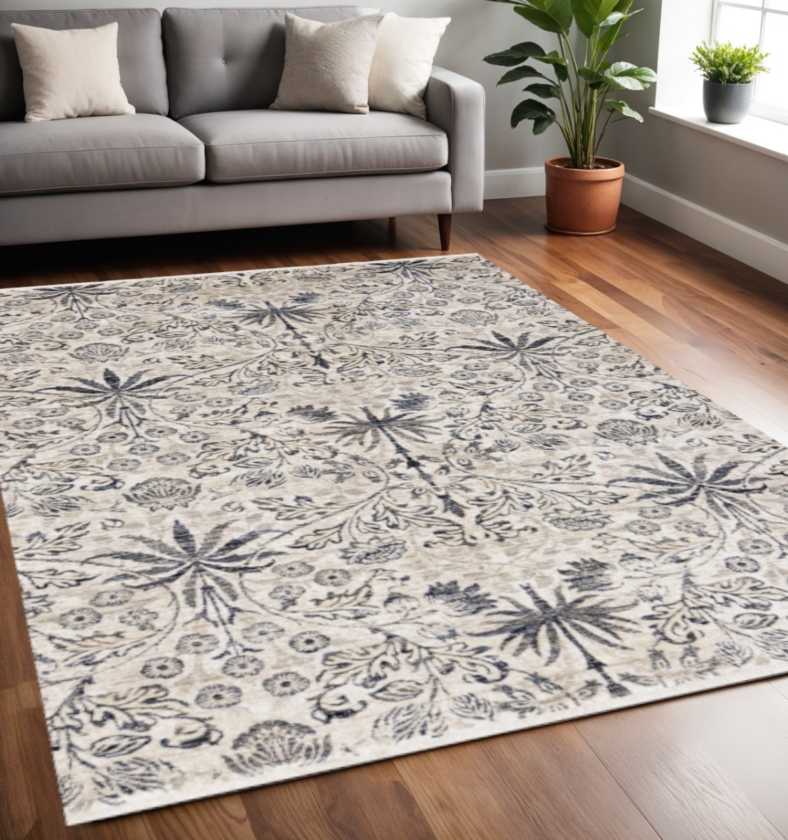 660216 5 x 8 ft. Cream & Blue Floral Medallion Rectangle Area Rug