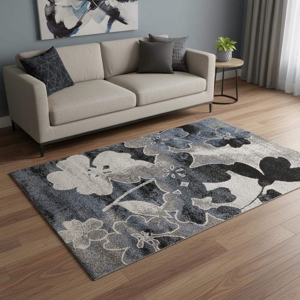 660173 5 x 8 ft. Blue Cream & Black Botanical Leaves Rectangle Area Rug