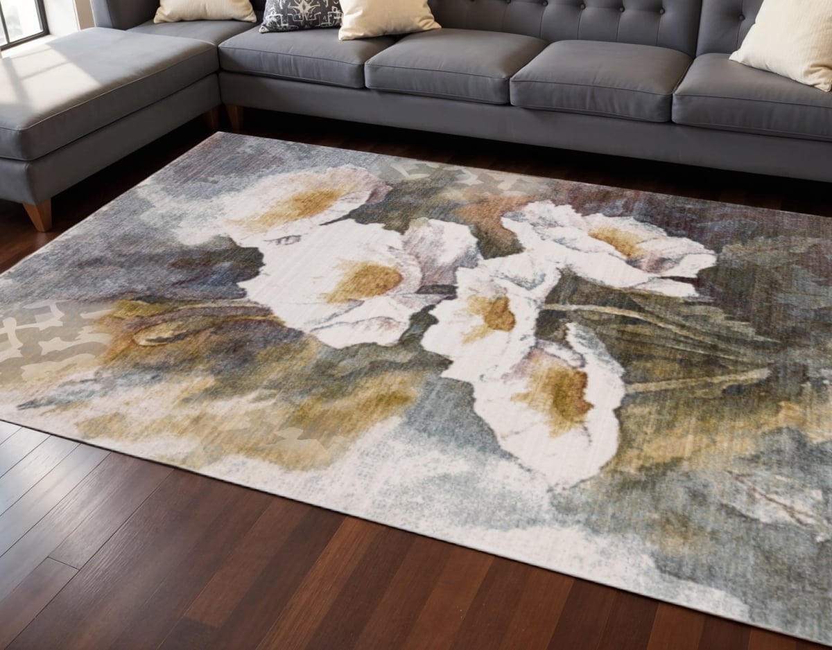 660202 8 x 10 ft. Cream Blue & Yellow Botanical Leaves Rectangle Area Rug