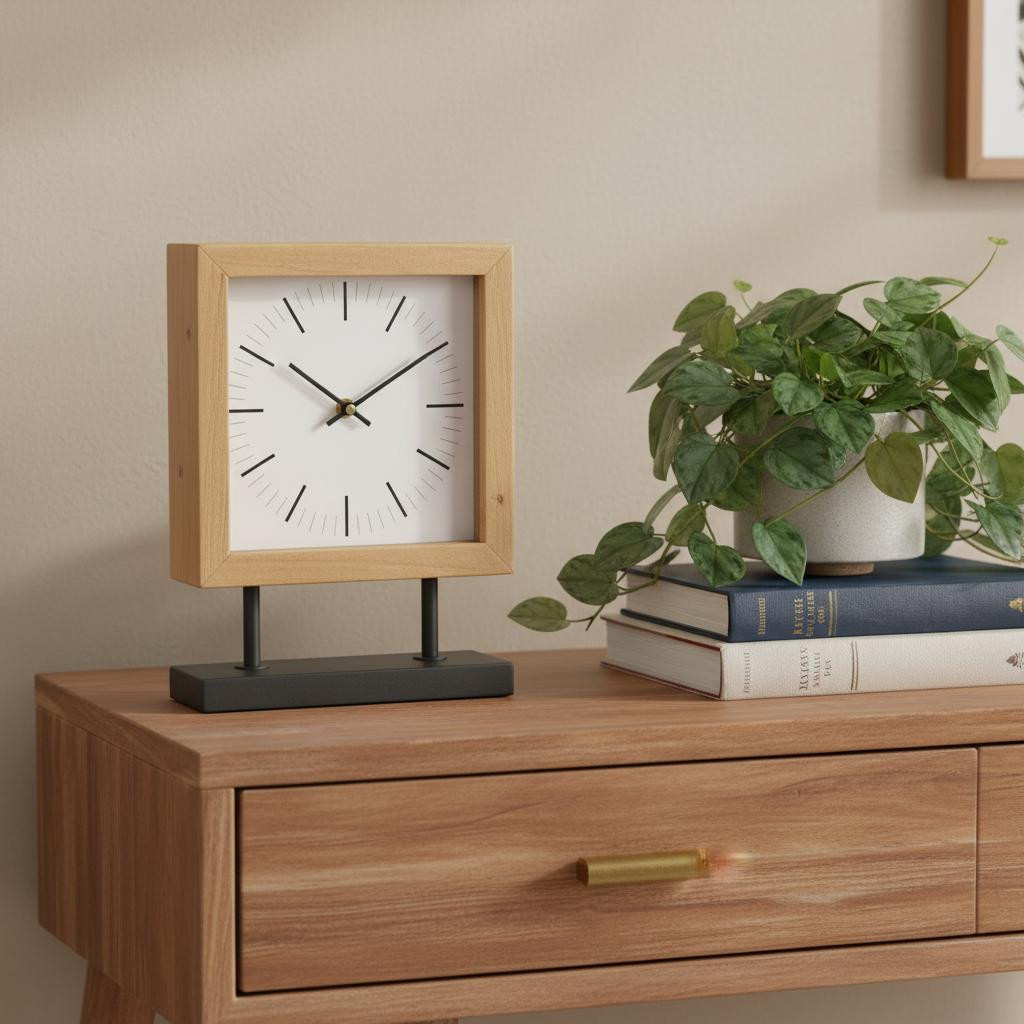 609402 11 in. Solid Wood & Metal Square Table Clock - Natural & Black
