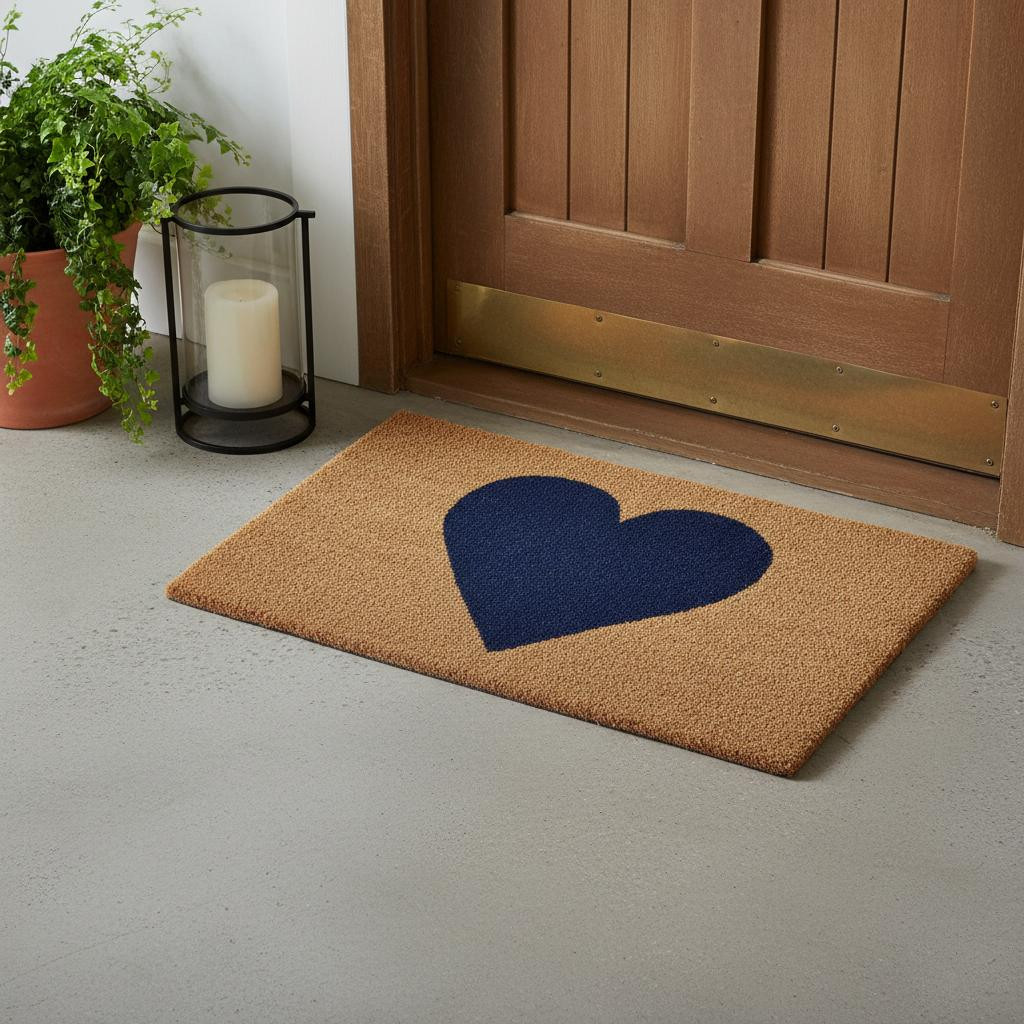 719814 17 x 29 in. Brown & Dark Blue Heart Outdoor Coir Rectangle Door Mat