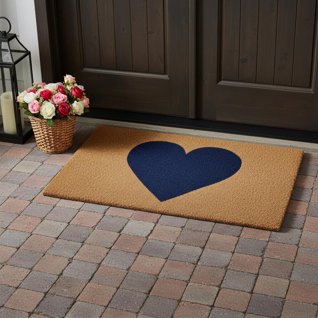 719818 36 x 72 in. Dark Blue & Brown Valentines Day Heart Welcome Outdoor Coir Rectangle Door Mat