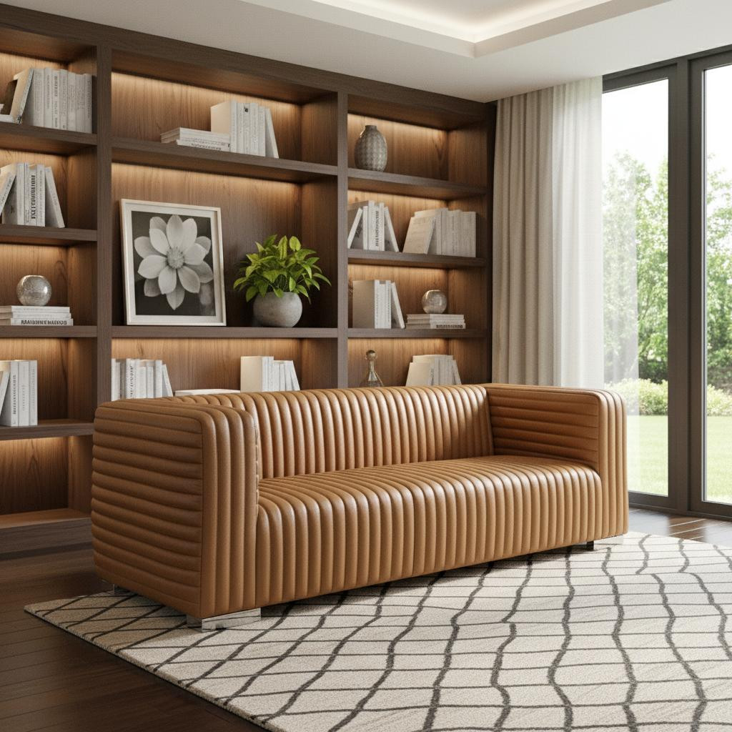 607332 83 in. Brown Leather Solid Wood Sofa