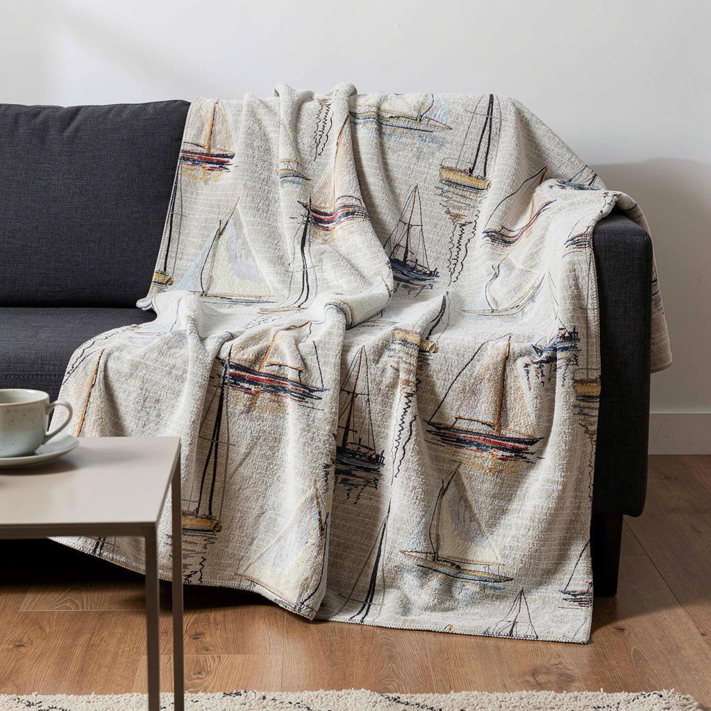 712538 50 x 70 in. Beige Charcoal & Ivory Sailboat Microfiber Plush Throw Blanket