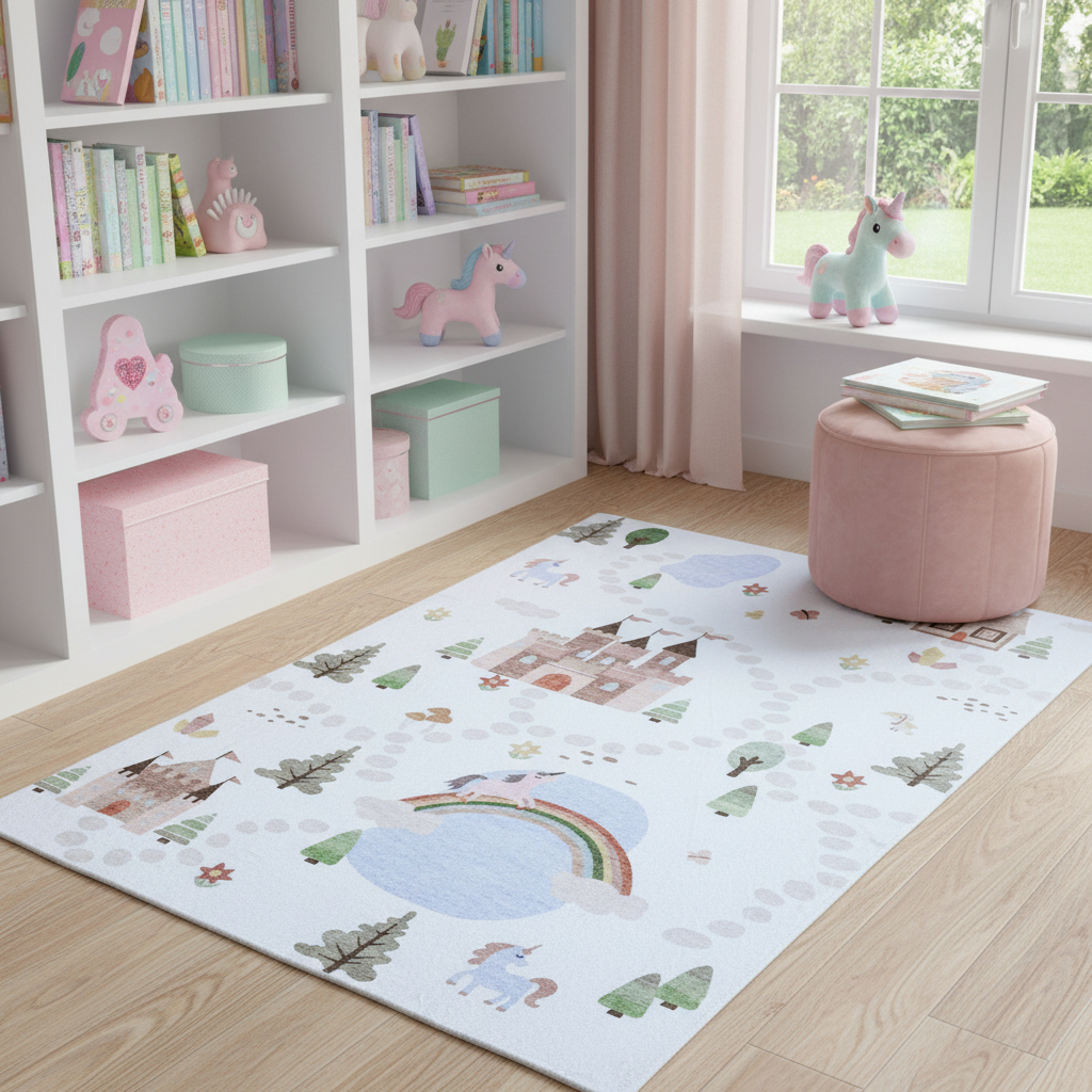 570033 7 x 10 ft. Off White Brown Green & Blue Castle & Rainbow Youthful Rectangle Area Rug