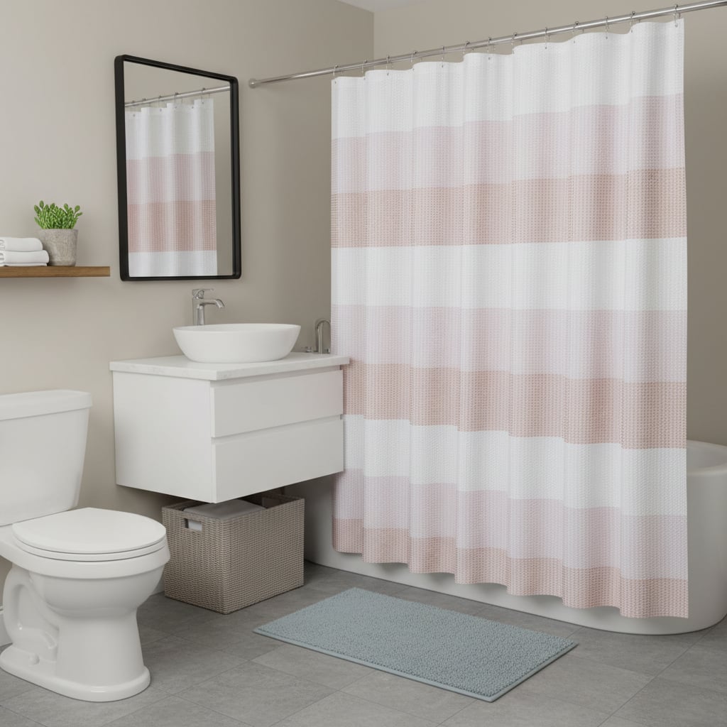 484080 72 in. White & Pink Striped Shower Curtain