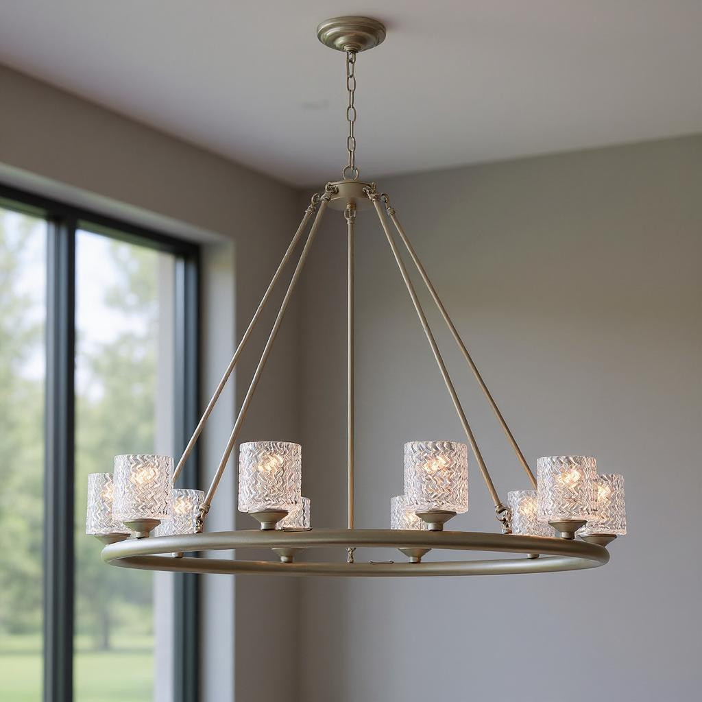 482906 Silver Shaded Ten Light Metal Dimmable Chandelier with White Shades