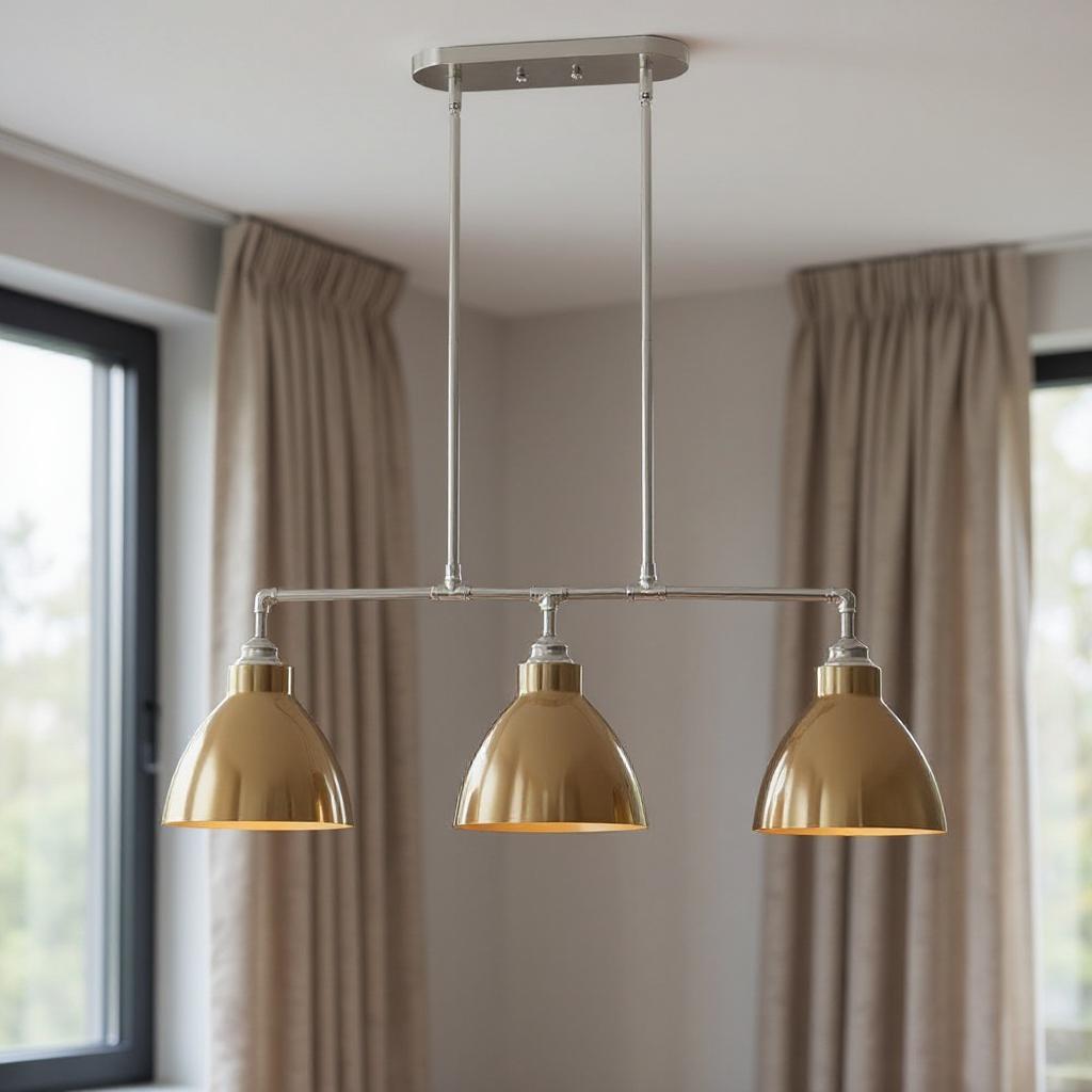 484616 Gold & Silver Kitchen Island Three Light Metal Dimmable Chandelier with Gold Shades