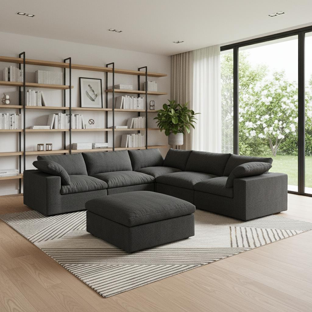 716930 Black Linen Blend Modular L Shaped Corner Sectional, 6 Piece