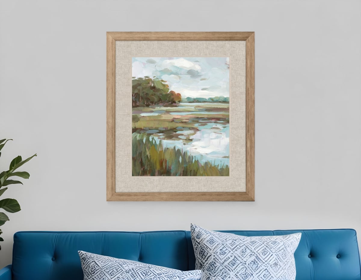 558344 Riverside View Watercolor Waterscape Distressed Frame Wall Art