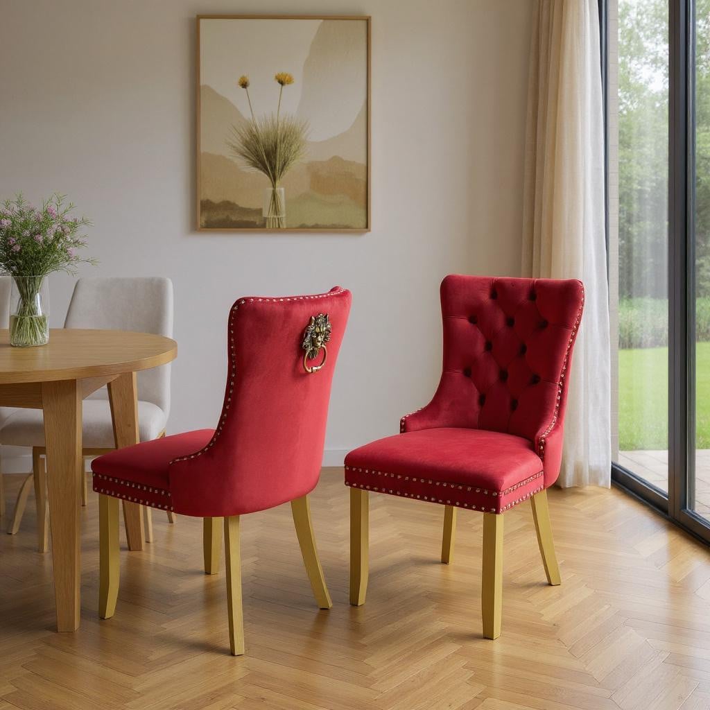 694870 Red & Gold Tufted Velvet & Solid Wood Dining Side Chairs, Set of 2